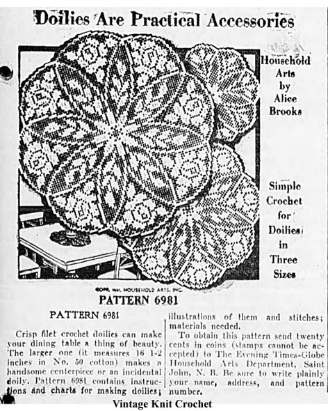 Mail Order Design 6981, Filet Crocheted Doilies Pattern Newspaper Advertisement