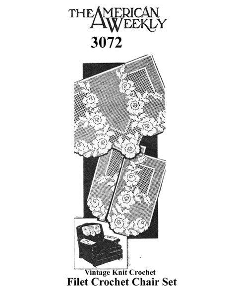 Rose Stripes Filet Crochet Chair Set Pattern No 3072, The American Weekly