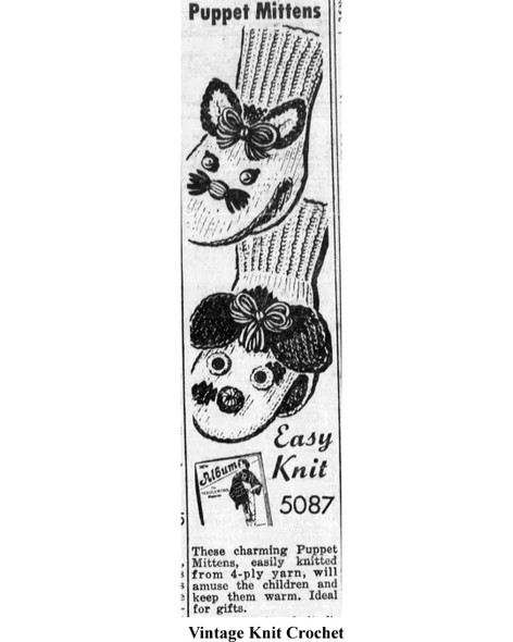 Mail Order Pattern No 5807, Knitted Puppet Mittens Newspaper Advertisement