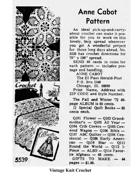 Mail Order Pattern No 5539, Crocheted Bedspread Newspaper Advertisement