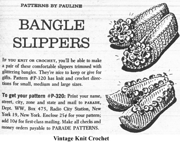 Mail Order Pattern No P-320 Knit Crochet Slippers Newspaper Advertisement