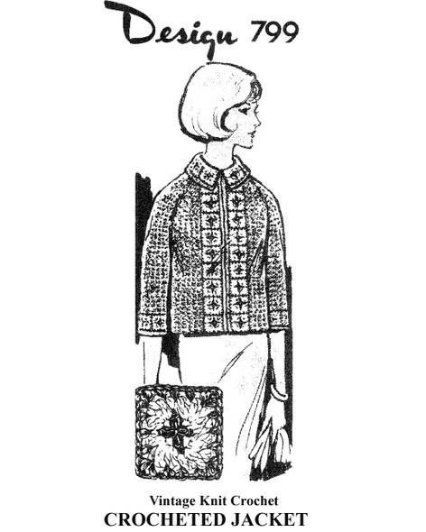 Crochet Jacket Pattern, Three Quarter Sleeve with Motif Panel Design 799