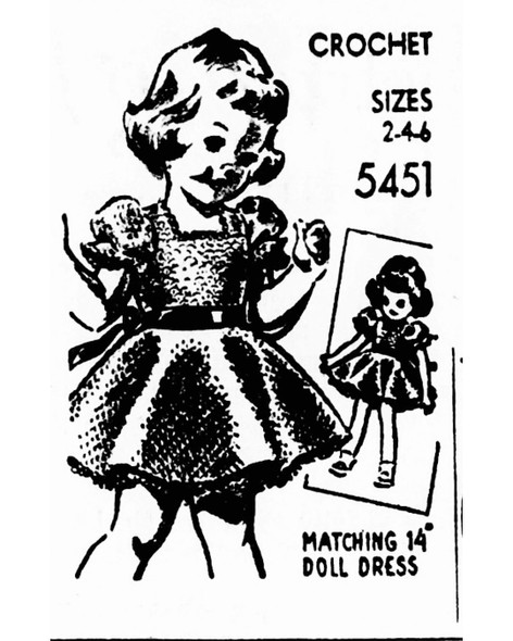 Mail Order Design 5451 Girls (Dolls) crocheted dress pattern newspaper advertisement.