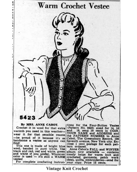 Mail Order Pattern No 5423 Crocheted Vestee Newspaper Advertisement