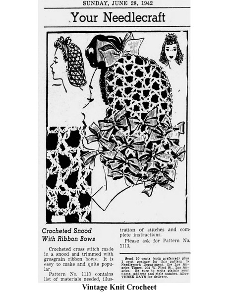 Mail Order Pattern No 1113, Crocheted Snood Newspaper Advertisement
