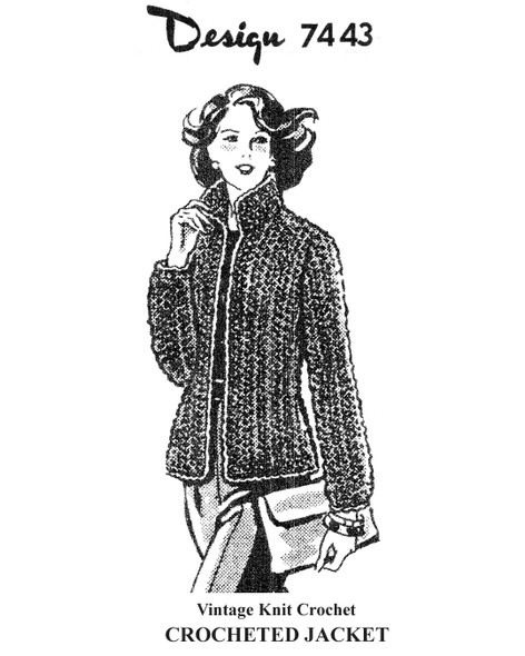 Long Crochet Jacket Pattern with standup collar.  Mail Order Design 7443, Alice Brooks