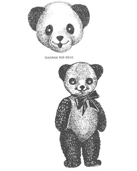 Illustration of crocheted panda bear with facial features.
