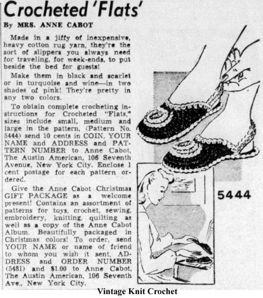 Mail Order Pattern No 5444, Crocheted Slippers Newspaper Advertisement