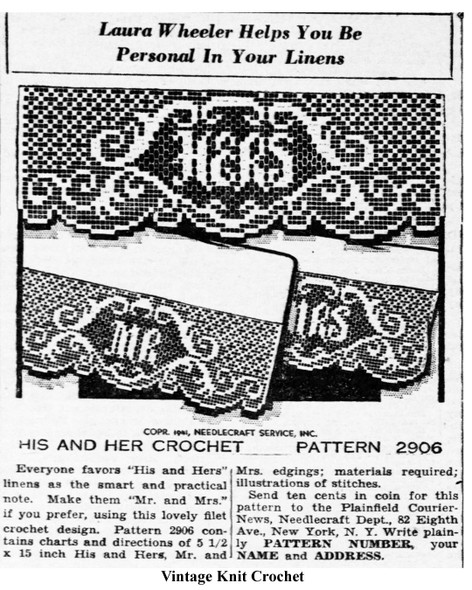 Mail Order Design pattern 2906, filet crochet edging newspaper advertisement