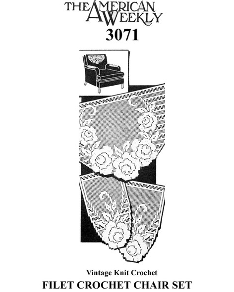 Rose Filet Crocheted Chair Set Pattern No 3071, The American Weekly