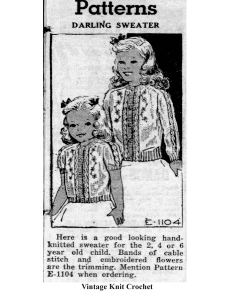 Mail Order Pattern No 1104, Girls Knitted Cardigan Newspaper Advertisement