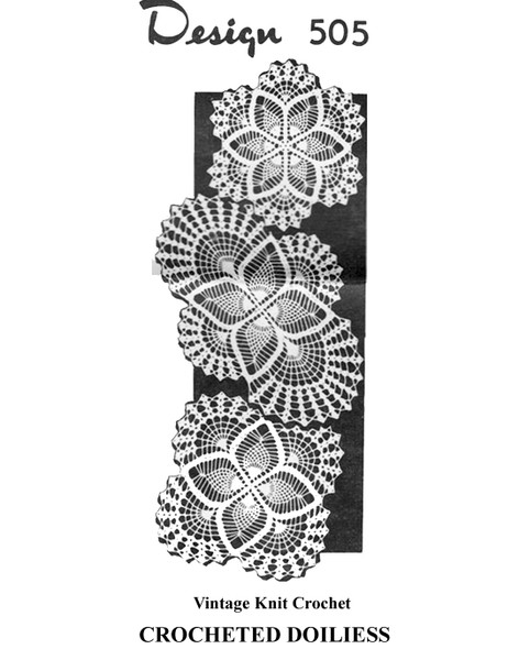 Three large crochet doilies in pineapple stitch, Mail Order Design 505