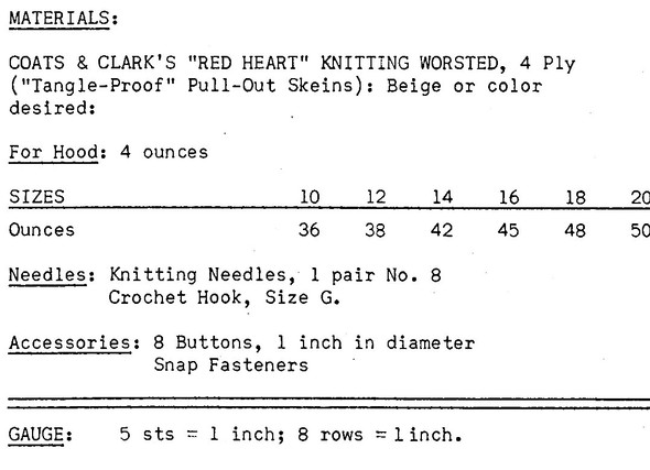 Knitted Car Coat Hood Pattern, Anne Cabot No 5383