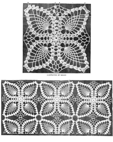 Pinepple Square Crochet Pattern stitch illustrtion with layout