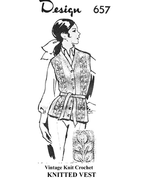 Knitted Vest Pattern, Raised Leaf Panel, Mail Order Design 657