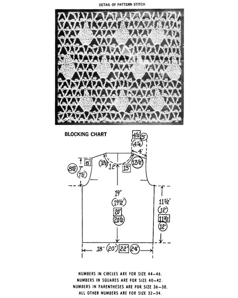 Layout guide with pattern stitch illustration for crocheted top pattern 780