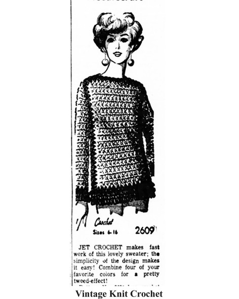 Mail Order Design 2609, Crocheted Sweater Newspaper Advertisement from 1968