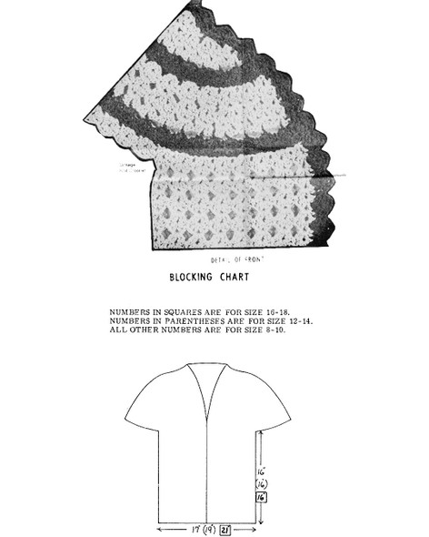 Pattern stitch illustration and layout chart for crocheted vest.