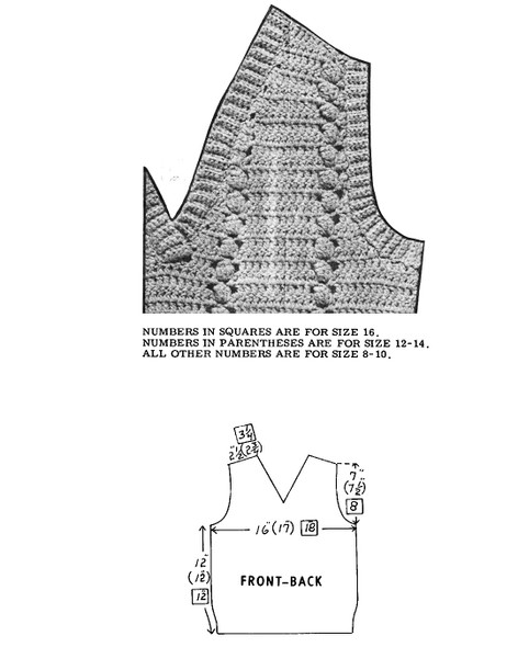 Crochet illustration and layout chart for Vest Design 7467