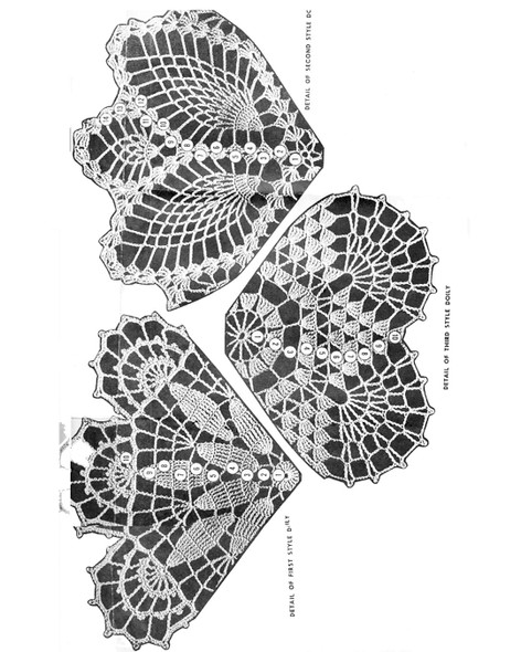 Illustration of pattern stitch for three crocheted doilies
