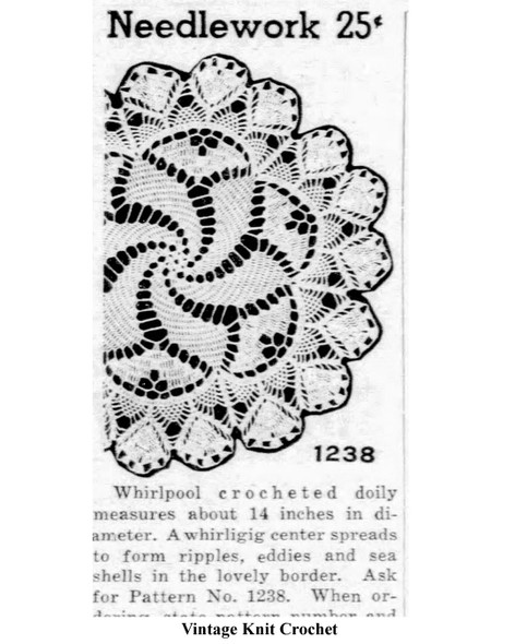 Mail Order Pattern No 1238, crochet whirlpool doily pattern newspaper advertisement