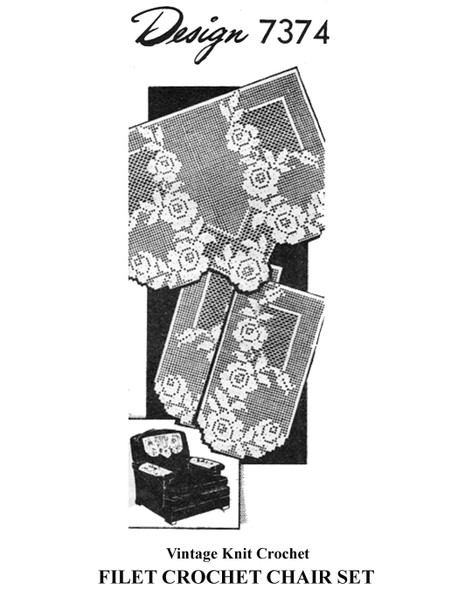Filet Crochet Chair Set Pattern in Rose Motif, Mail Order Design 7374