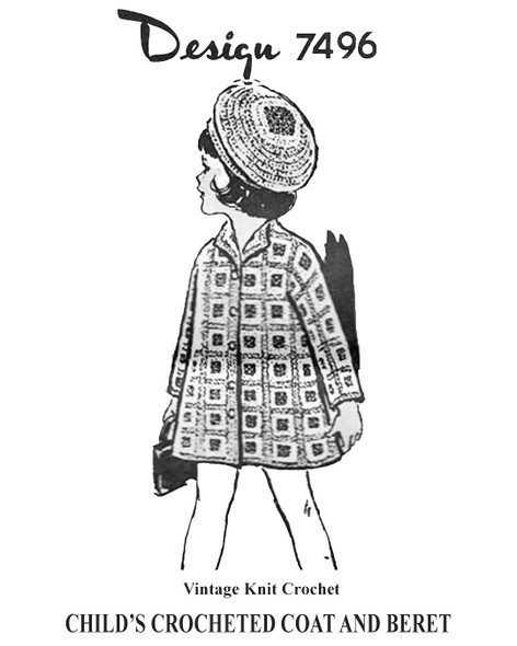 Girls Crochet Granny Square Coat pattern with Beret Design 7496