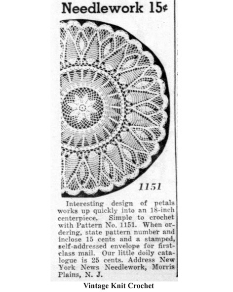 Mail Order Pattern No 1151, Crocheted Centerpiece Doily Newspaper Advertisememt