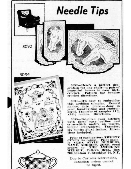 Mail Order Pattern No 3092, Filet Crochet Chair Set Newspaper Advertisement