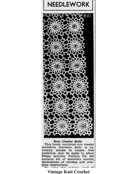 Mail Order Design No 851 Crocheted Irish Rose Motif Newspaper Advertisement