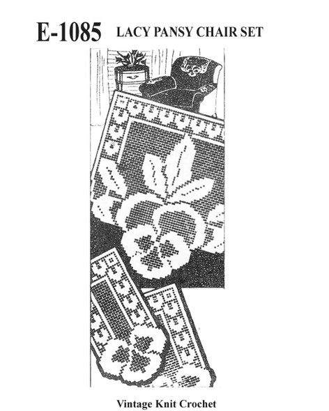 Pansy Filet Crochet Chair Doily Pattern Set, Mail Order E-1085