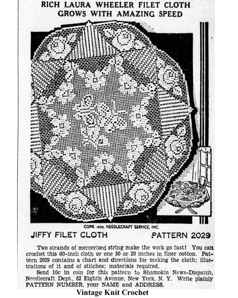 Mail Order Pattern No 2029 Filet Crocheted Cloth Newspaper Advertisement