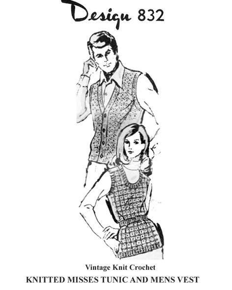 Misses Knitted Top and Mens Knitted Vest Pattern for Design 832