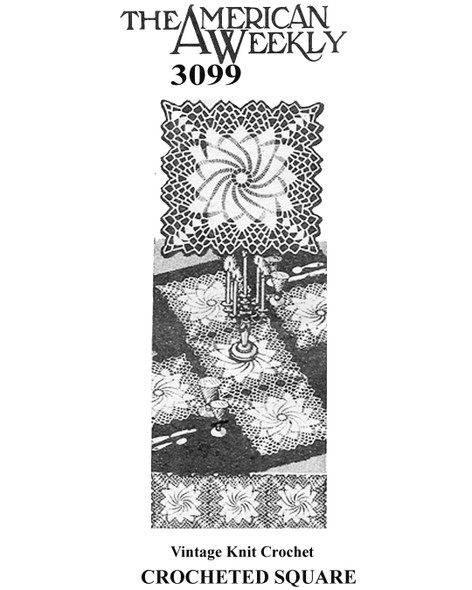 Pinwheel square crochet pattern in two sizes, American Weekly No 3099
