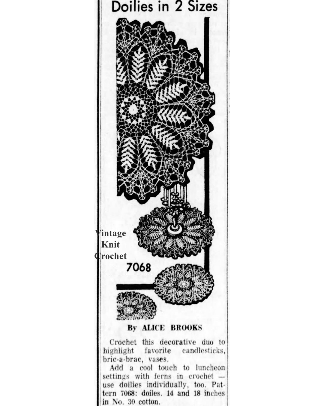 Crochet Fern Doily Newspaper Advertisement for Alice Brooks Mail Order Design 7068