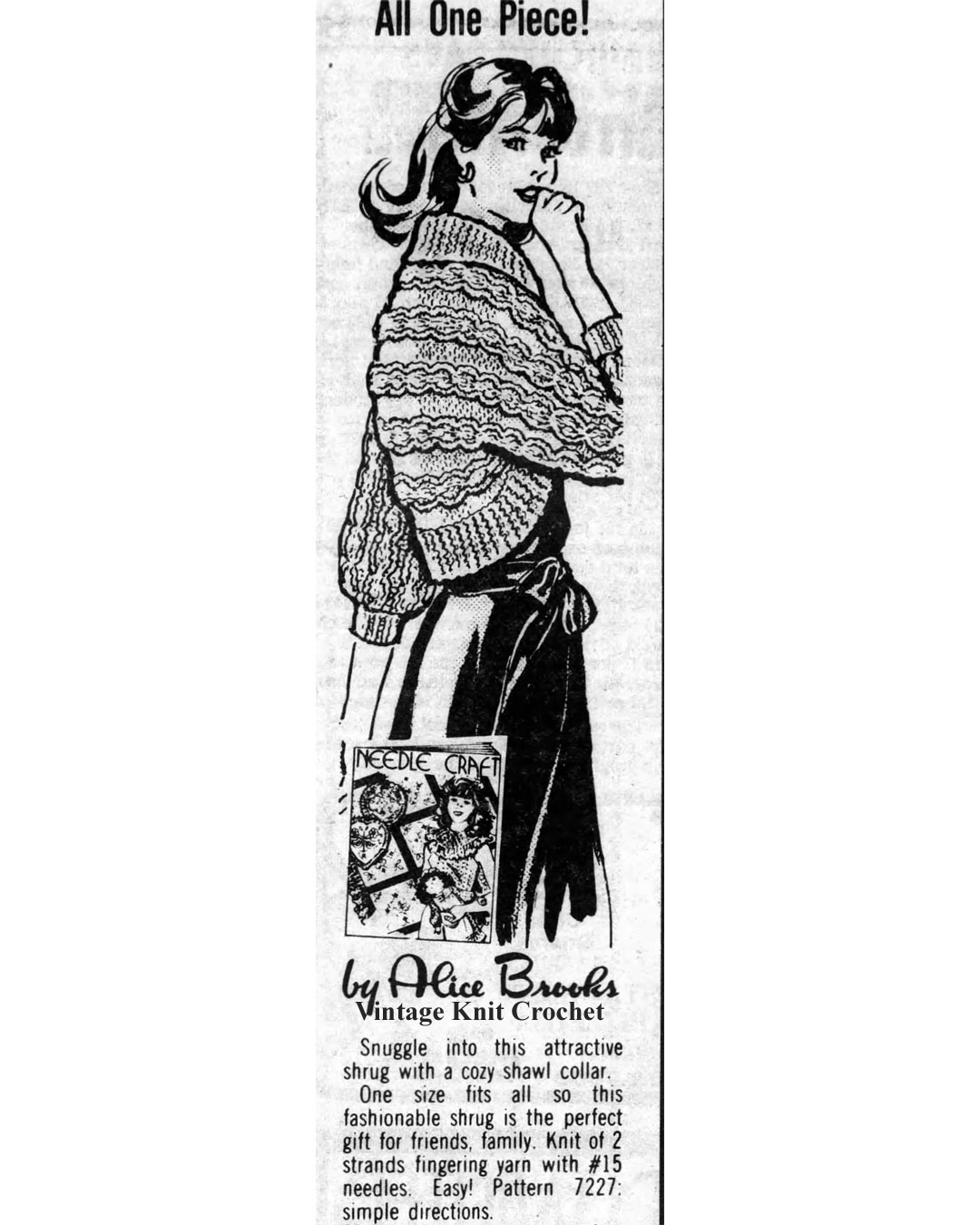 Knitted Shrug Pattern, Newspaper Advertisement for Alice Brooks Design 7227.