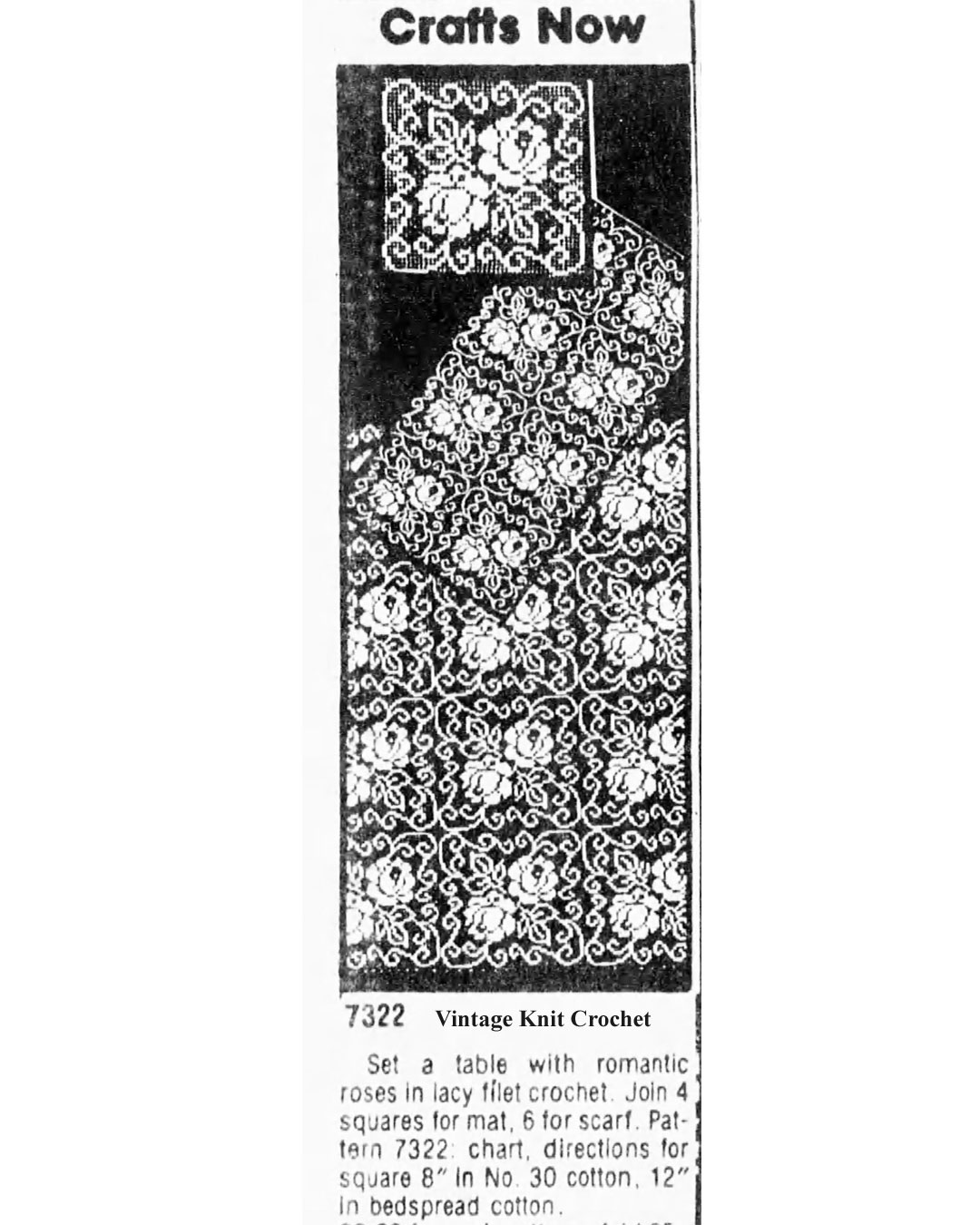 Filet Crocheted Rose Square Pattern Newspaper Advertisement for Alice Brooks Design 7322.