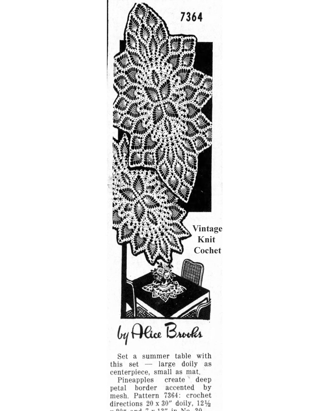 Alice Brooks Design 7364 Newspaper Advertisement for crochet pineapple doilies.