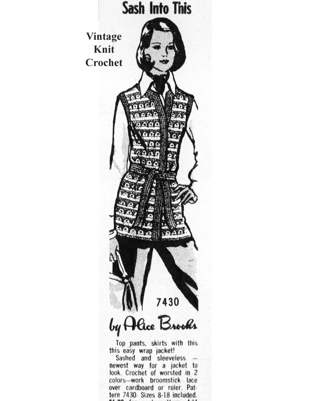 Alice Brooks Design 7430 Newspaper Advertisement, Crochet Broomstick Lace Jacket 