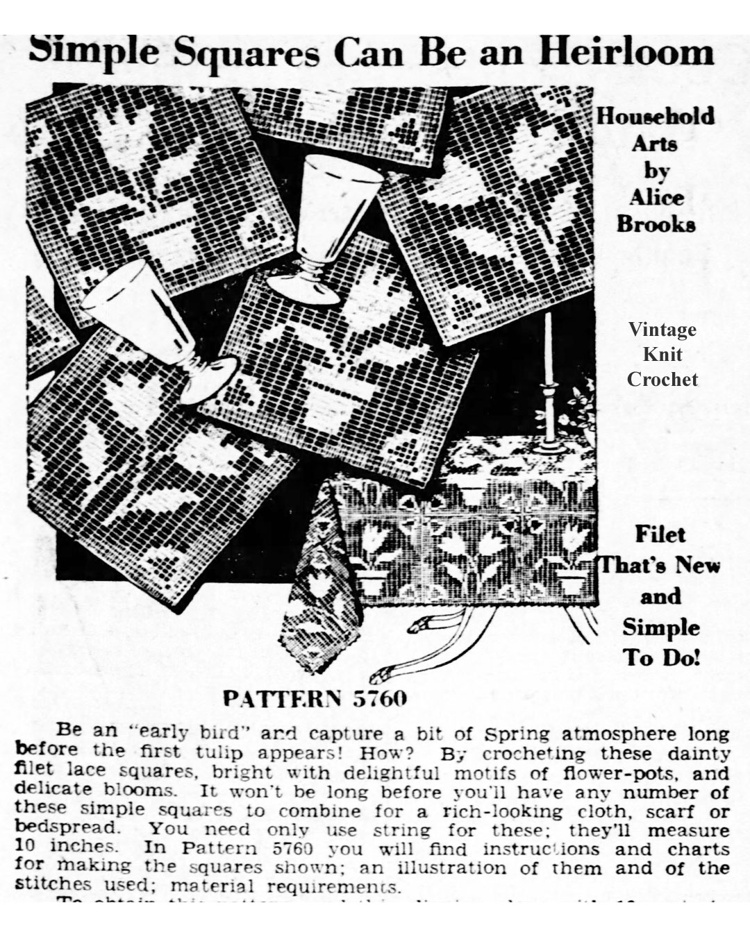 Filet Crochet Tulip Squares Pattern, Alice Brooks Design 5760 Newspaper Advertisement 