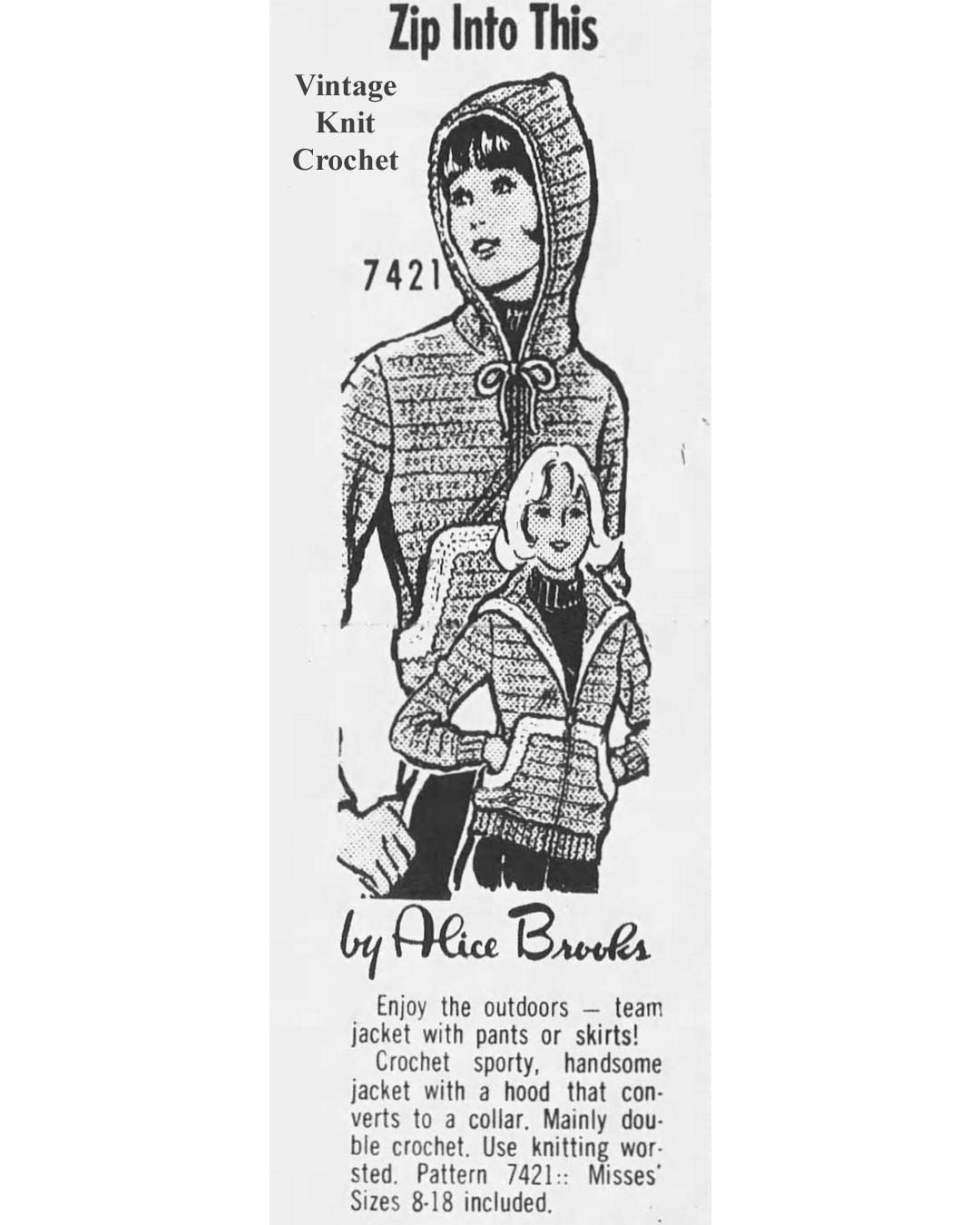 Hooded Crochet Jacket Pattern Newspaper Advertisement for Design 7421