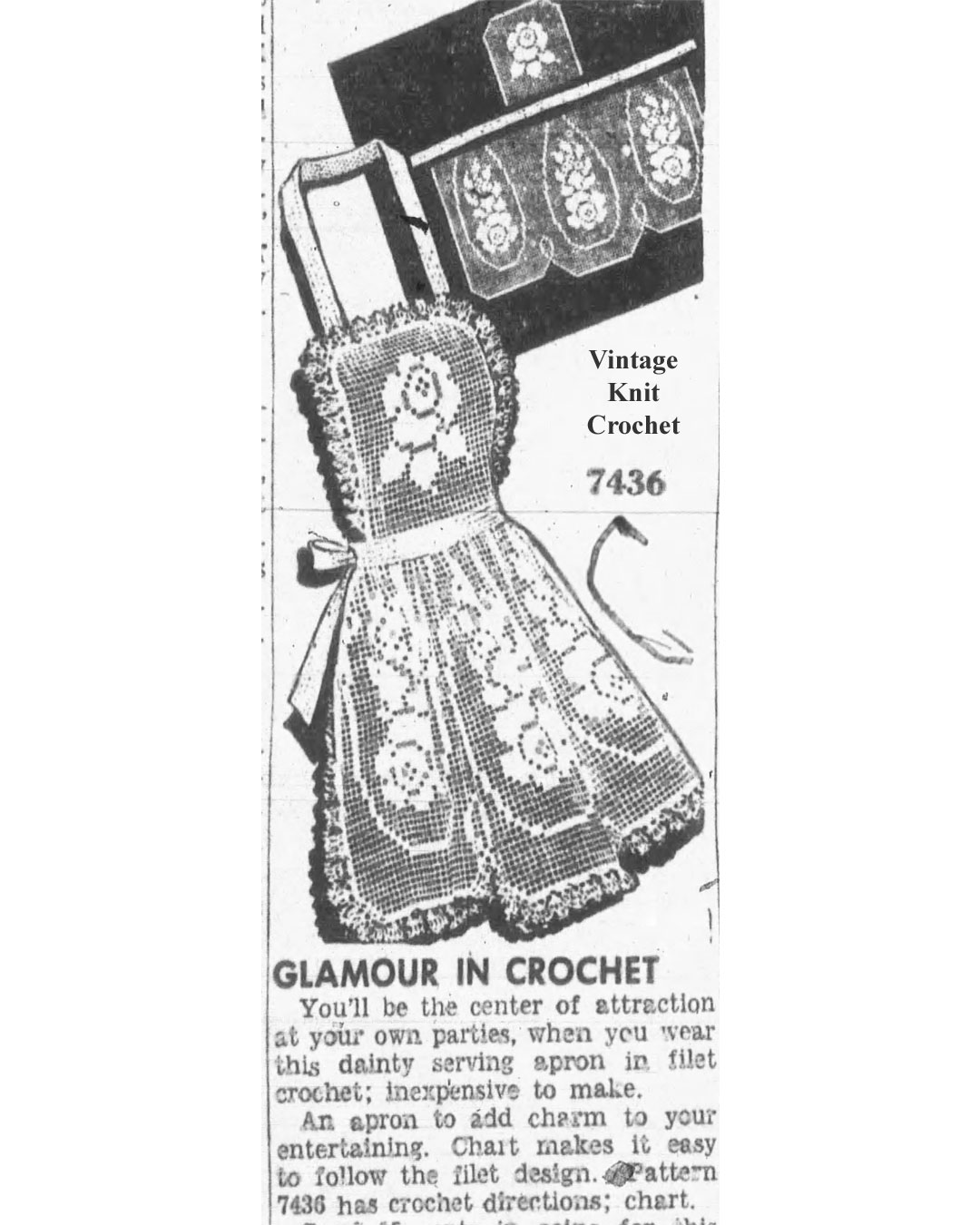 Filet Crochet Apron Pattern, Mail Order Design 7436 Newspaper Advertisement 