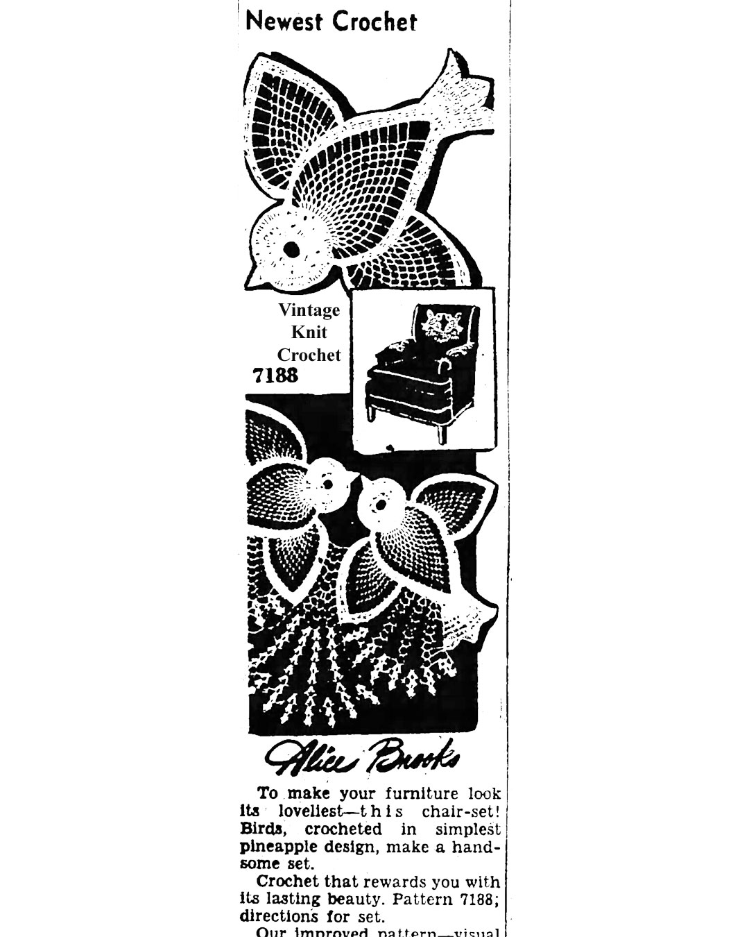 Crochet Bluebird Chair Doily Newspaper Advertisement Alice Brooks 7188