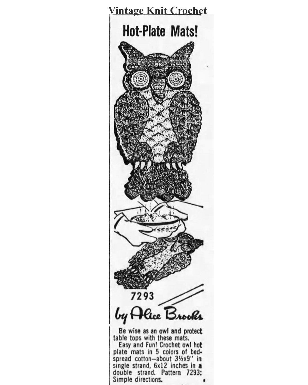 Crochet Owl Mats Newspaper Advertisement for Alice Brooks 7293, Mail Order Design