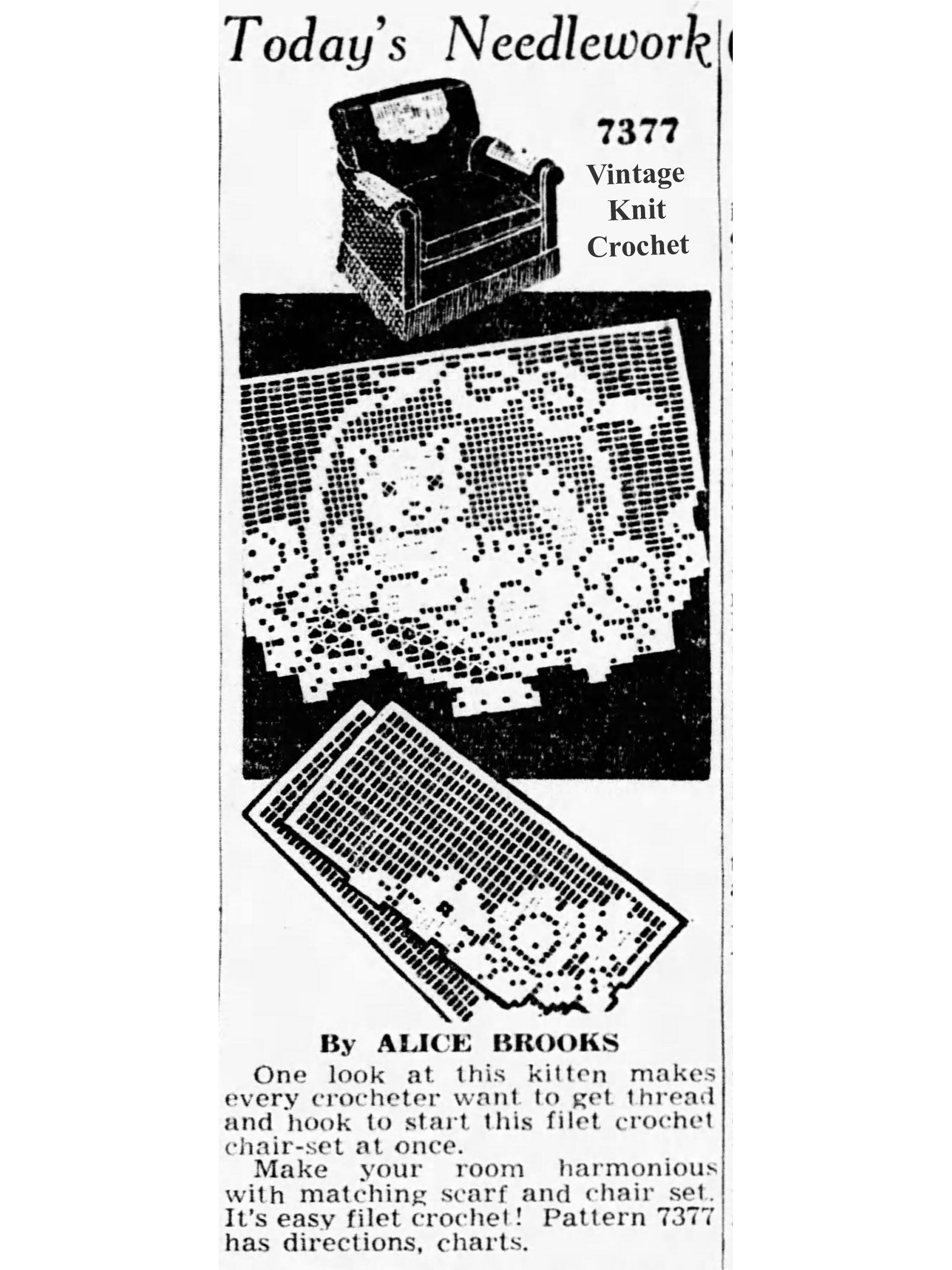 Filet Crochet Kitten Pattern Newspaper Advertisement for Mail Order Design 7377