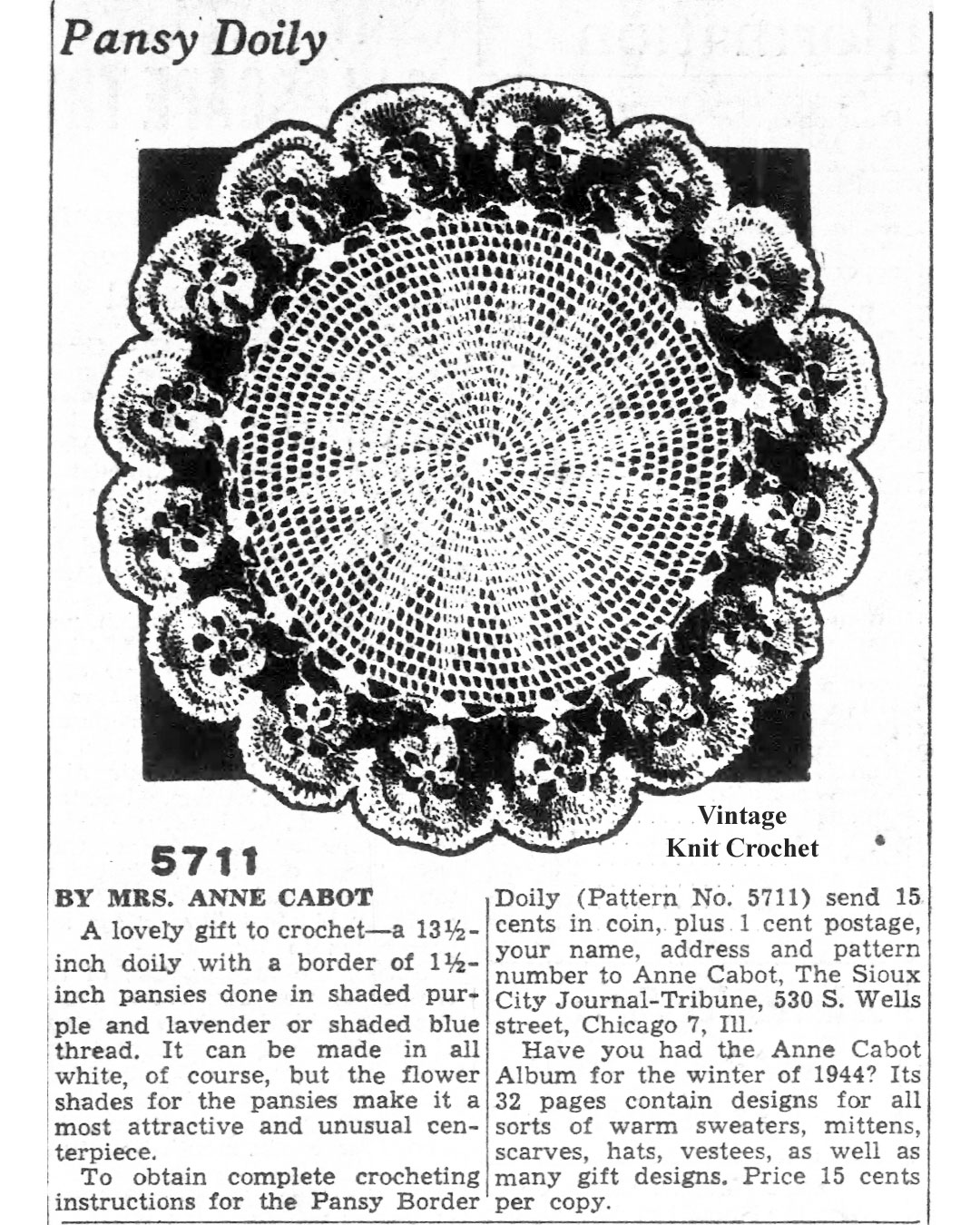 Pansy Doily Crochet Pattern Newspaper Advertisement Mail Order No 5177, Anne Cabot.