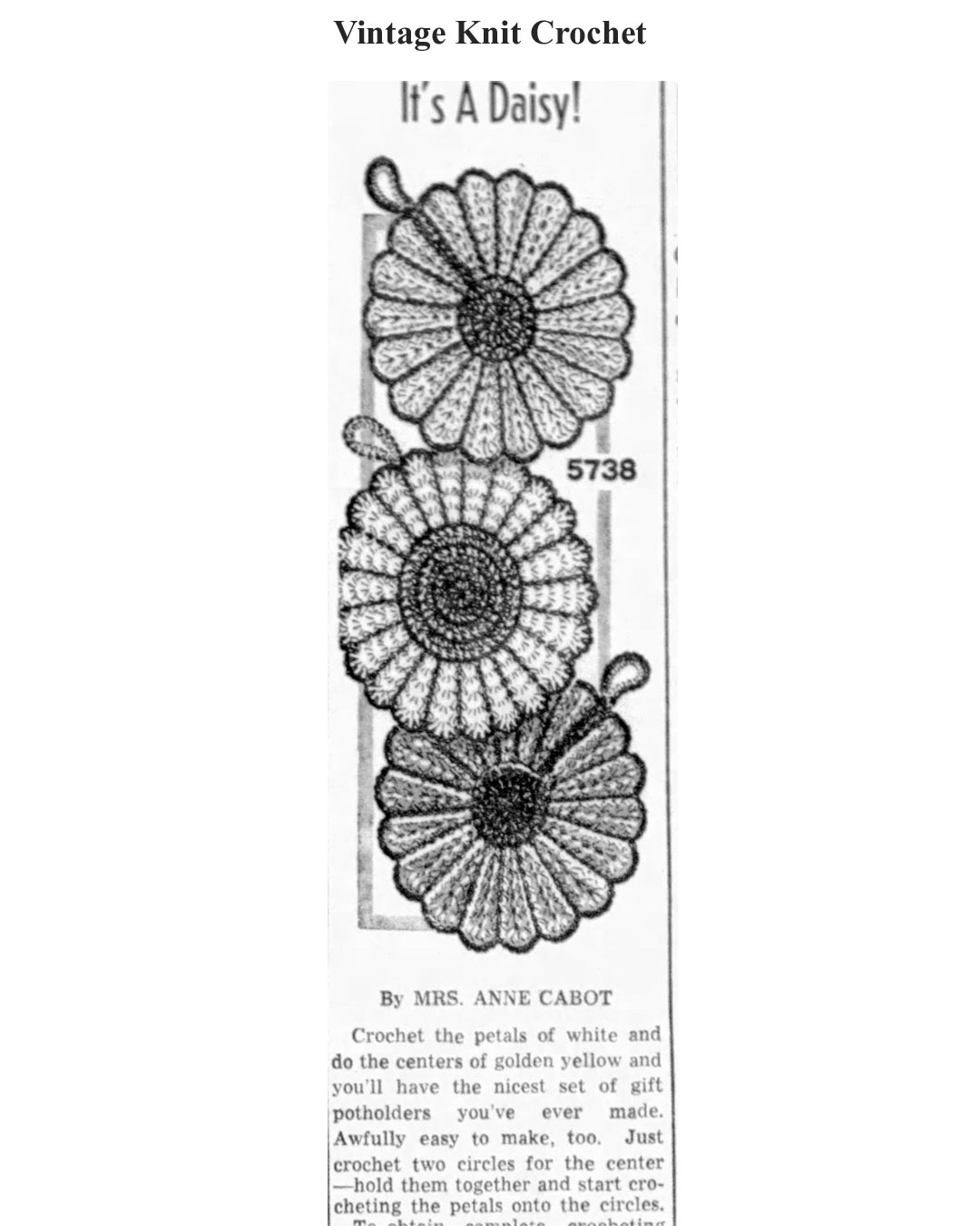 Crochet Daisy Potholders Pattern Newspaper Advertisement, Anne Cabot 5738.