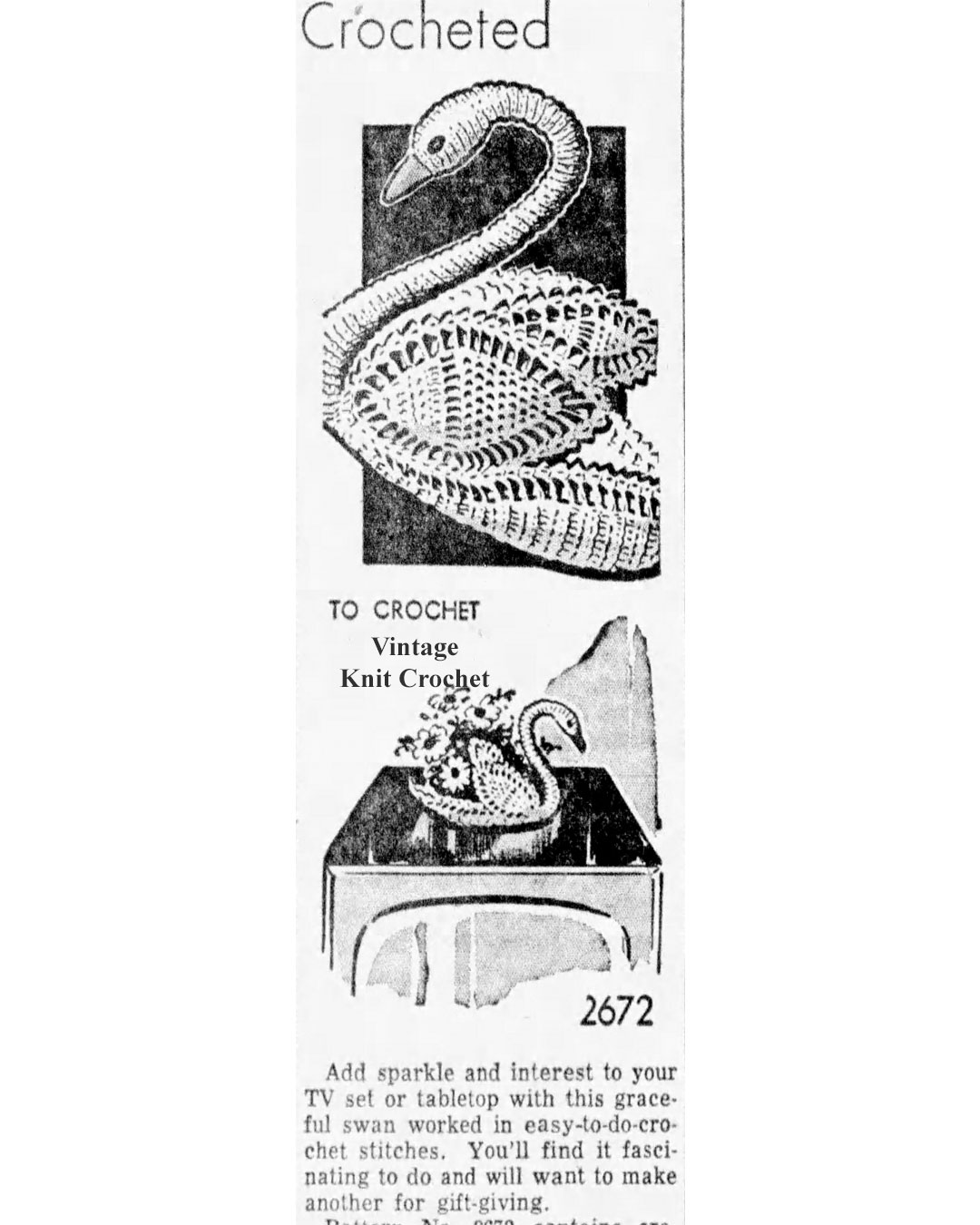 Vintage Crochet Swan Centerpiece Pattern Newspaper Advertisement No 2672