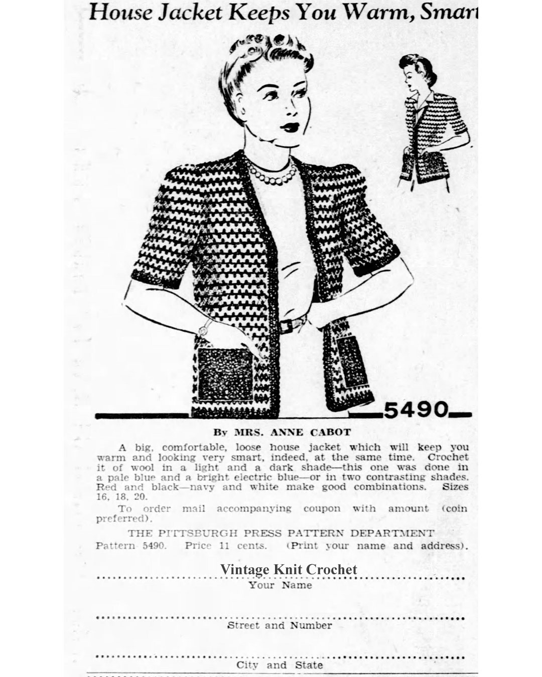 Vintage House Jacket Crochet Pattern Newspaper Advertisement for Anne Cabot 5490