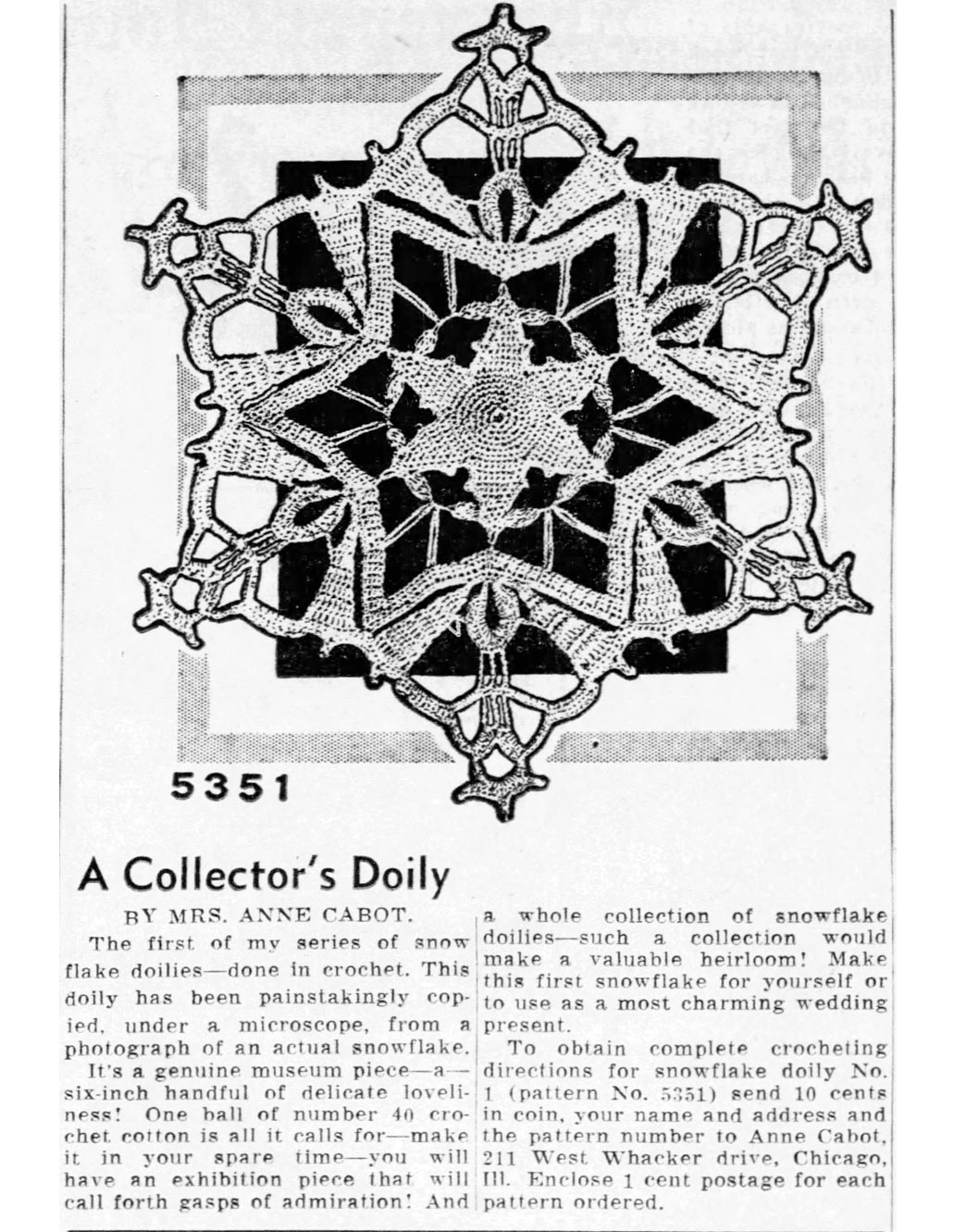 Crochet Snowflake Doily Pattern Anne Cabot 5351 Newspaper Advertisement 